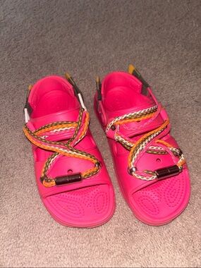 CROCS Hot Pink Slingback Clogs with Multicolor Rope Accents